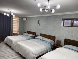A bedroom with two beds, a ceiling light fixture, an air conditioner, and a window with curtains.