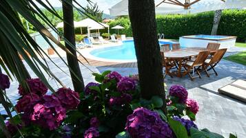 Seasonal outdoor pool, open 9:00 AM to 6:30 PM, pool umbrellas