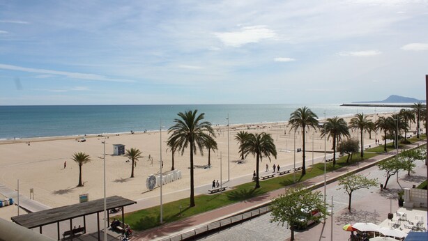 A beach with palm trees, a promenade, and a view of the sea. - Infante E4-4º Solo Familias! (Playa de Gandía)