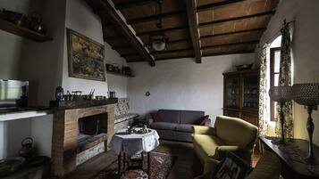 Ein rustikales Wohnzimmer mit Kamin, einer Couch, einem Sessel, einem Tisch mit Teeservice und einem Schrank.