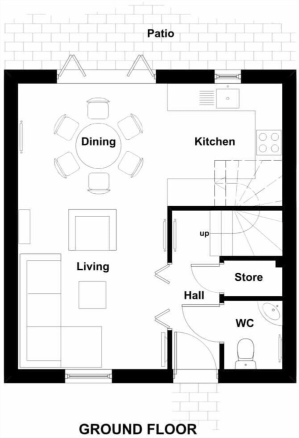A ground floor layout with a dining area, kitchen, living room, patio, store, WC, and hall. - Beautiful 3-bed house in Bath with free parking (Bath)