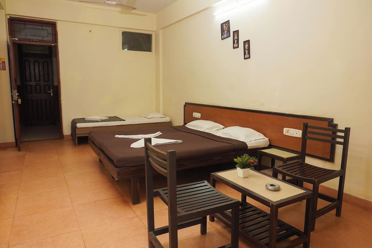 A room with two single beds, a wooden chair, a small table with a plant, and a wall-mounted TV.
