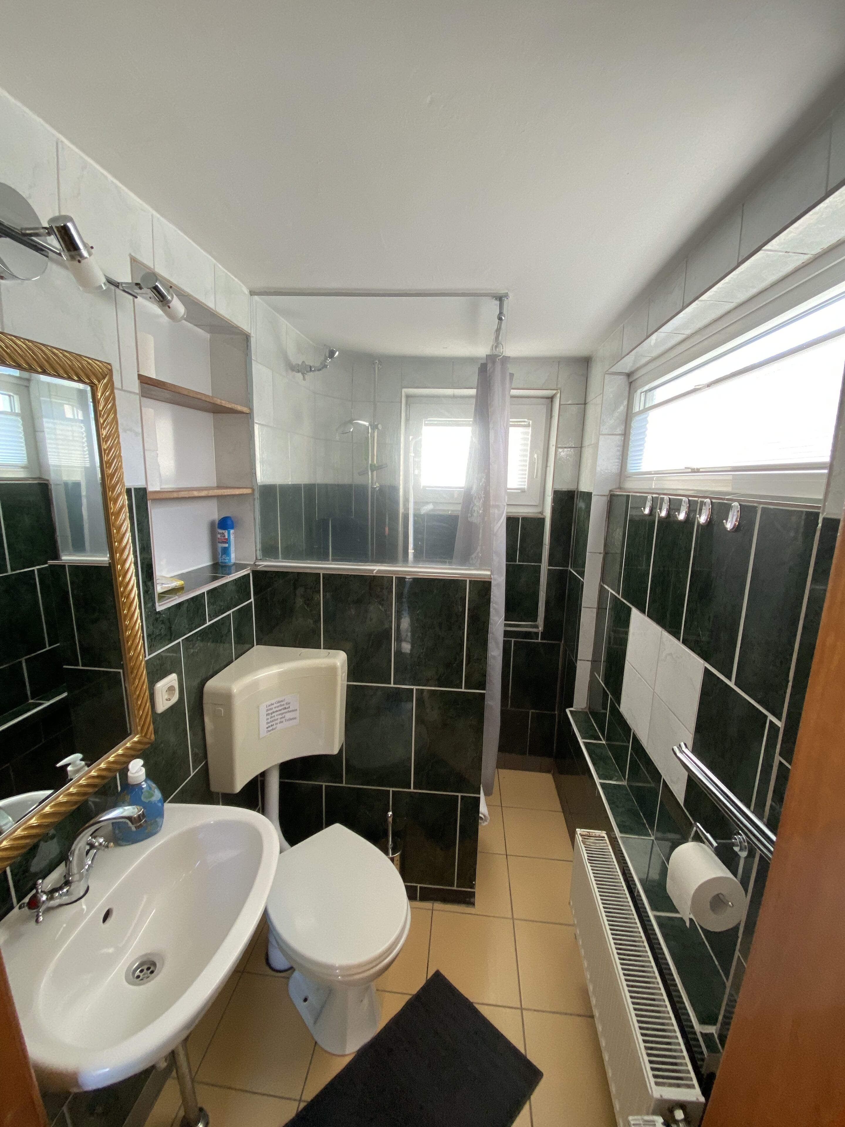 A bathroom with a sink, toilet, and shower area.