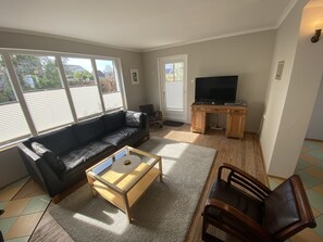 Televisio, takka, DVD-soitin, kirjoja