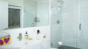 A bathroom with a white sink, mirror, and glass-enclosed shower. - Mid-Century Home Surrounded by Meadows (Pine Plains)