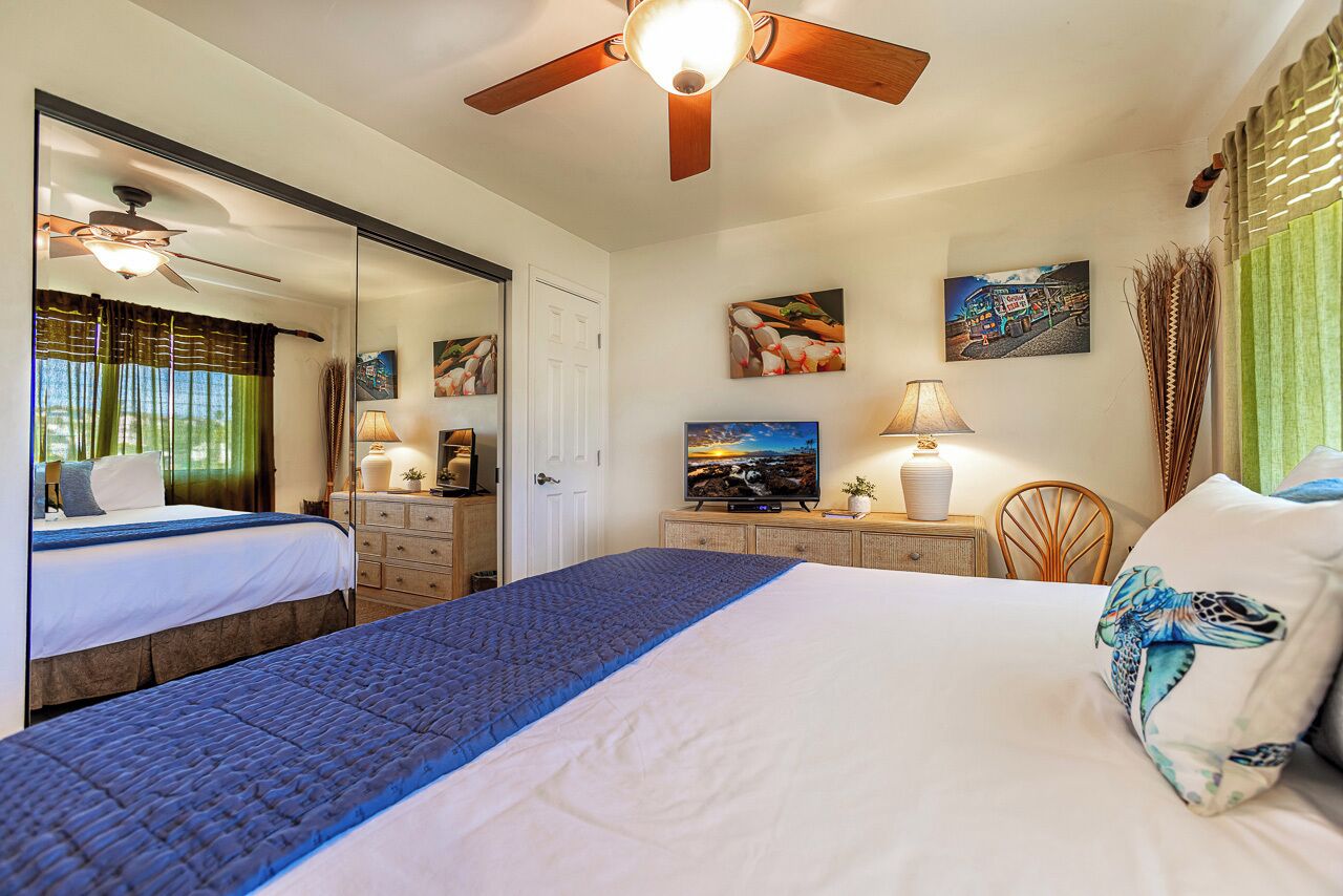 Quarto de hotel com uma cama, um ventilador de teto, uma televisão e obras de arte nas paredes.