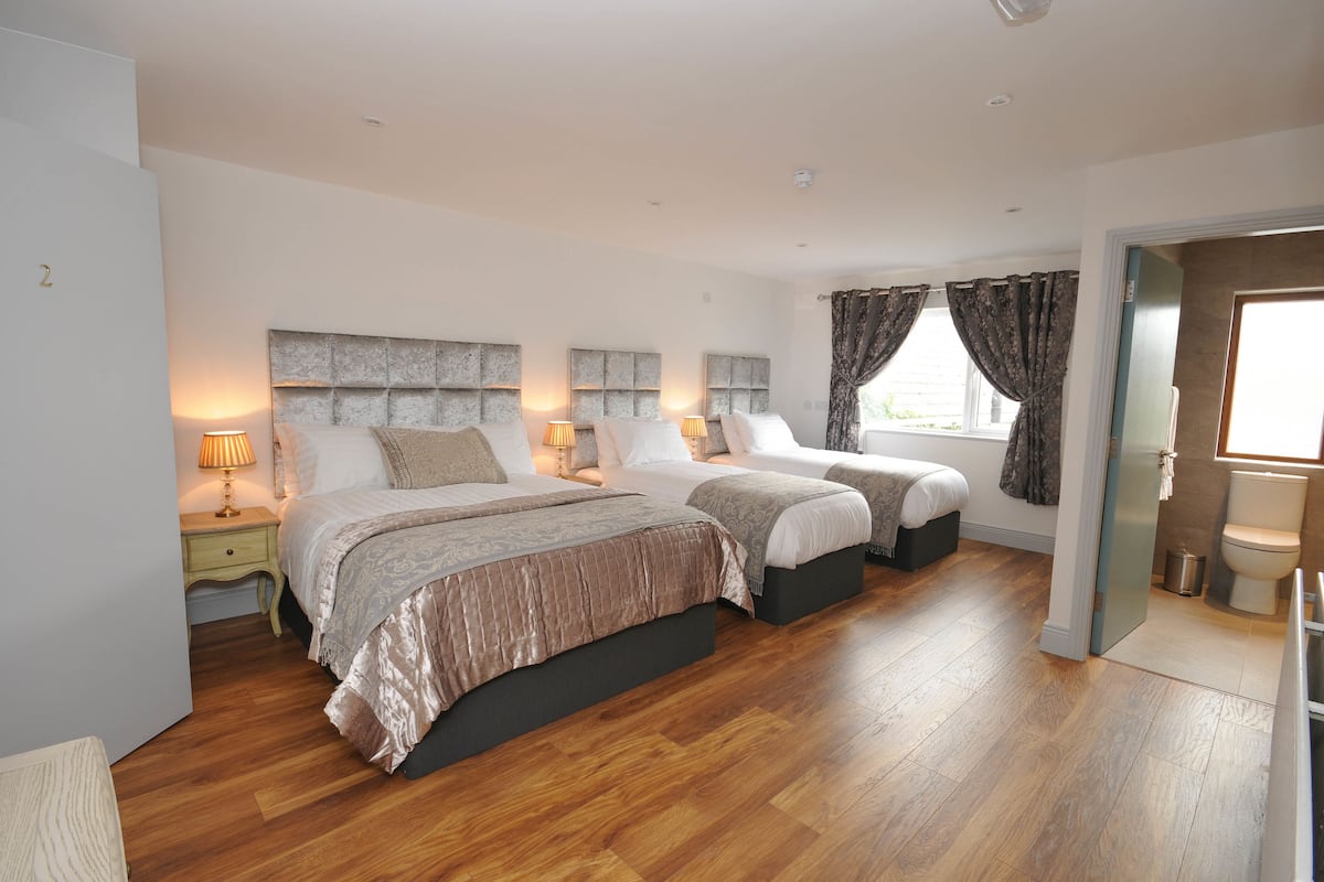 A bedroom with two beds, wooden flooring, and a bathroom with a toilet and sink.