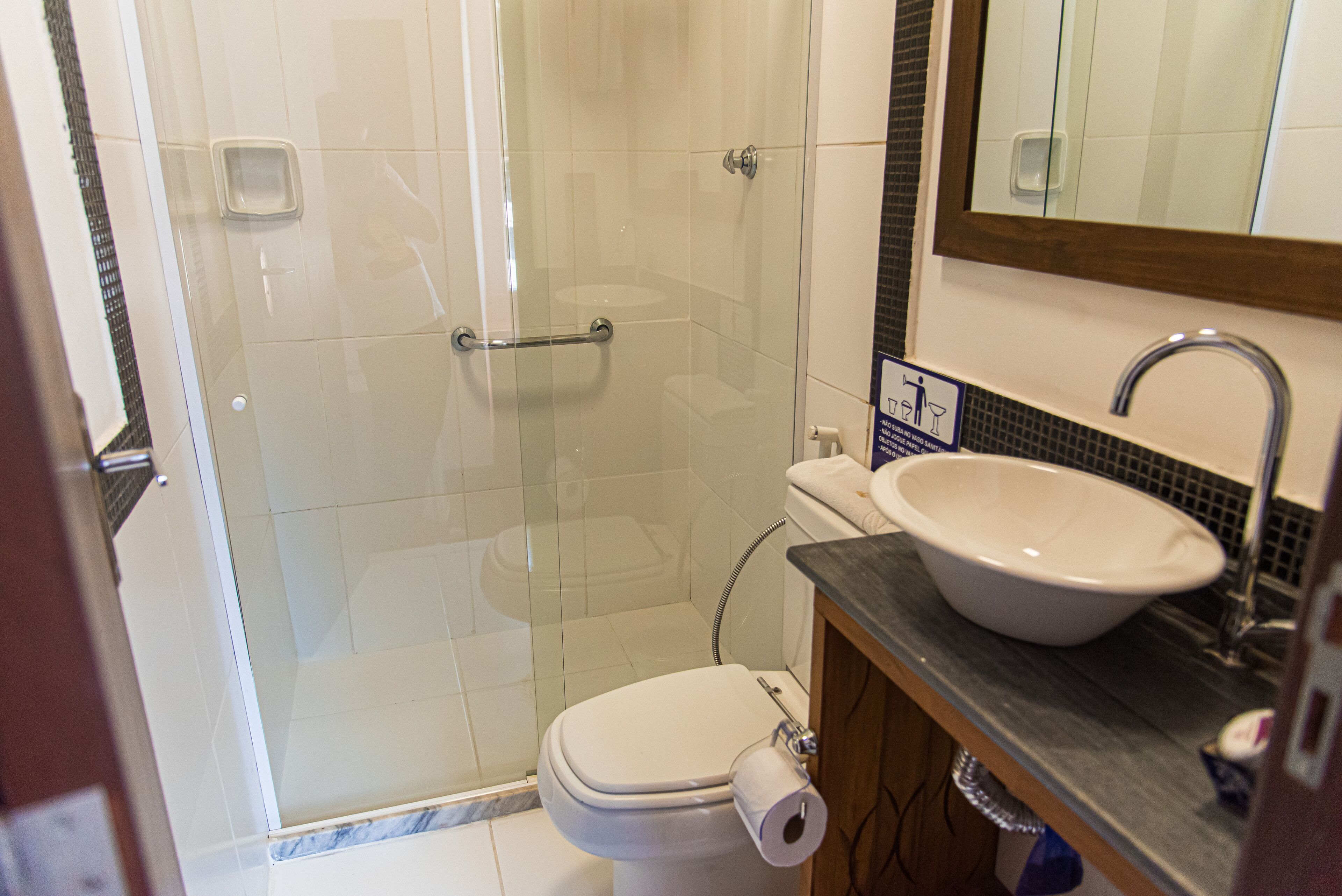 Un baño con cabina de ducha de vidrio, inodoro blanco y lavamanos con espejo arriba.