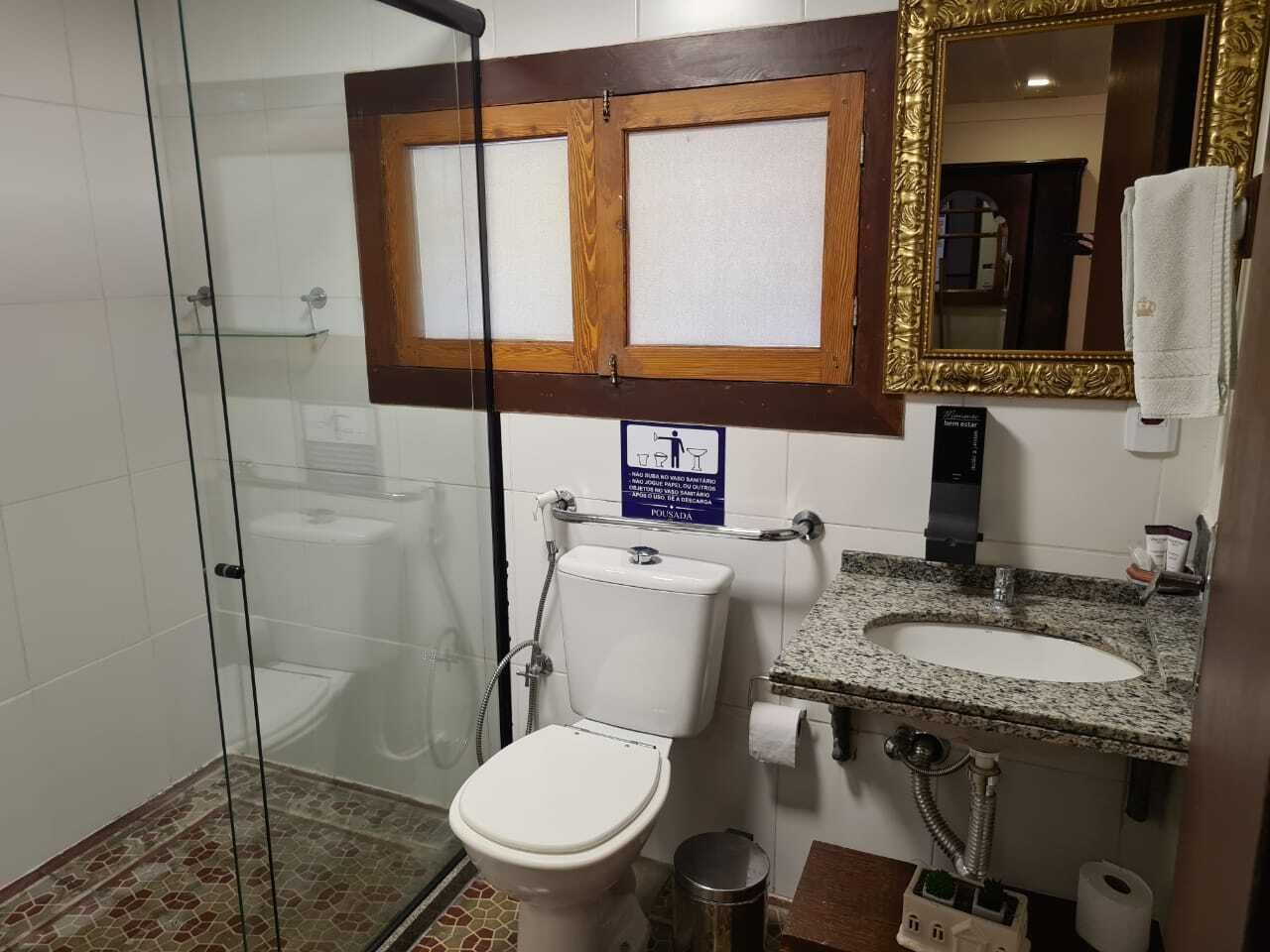 Een badkamer met een douchecabine van glas, een toilet, een wastafel met een granieten blad en een spiegel met een gouden lijst.