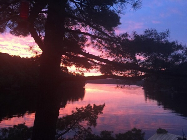A sunset over a calm lake with trees silhouetted against the sky.