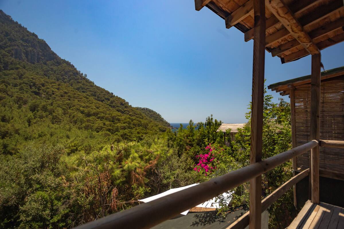 A wooden balcony with a view of a lush green hillside and the sea in the distance.