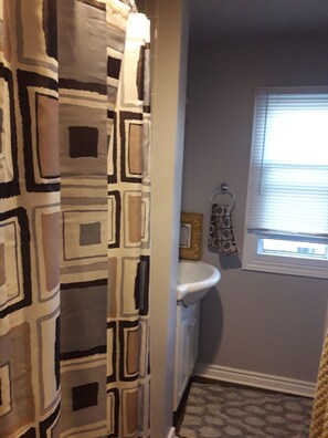 Hair dryer, towels, soap, shampoo