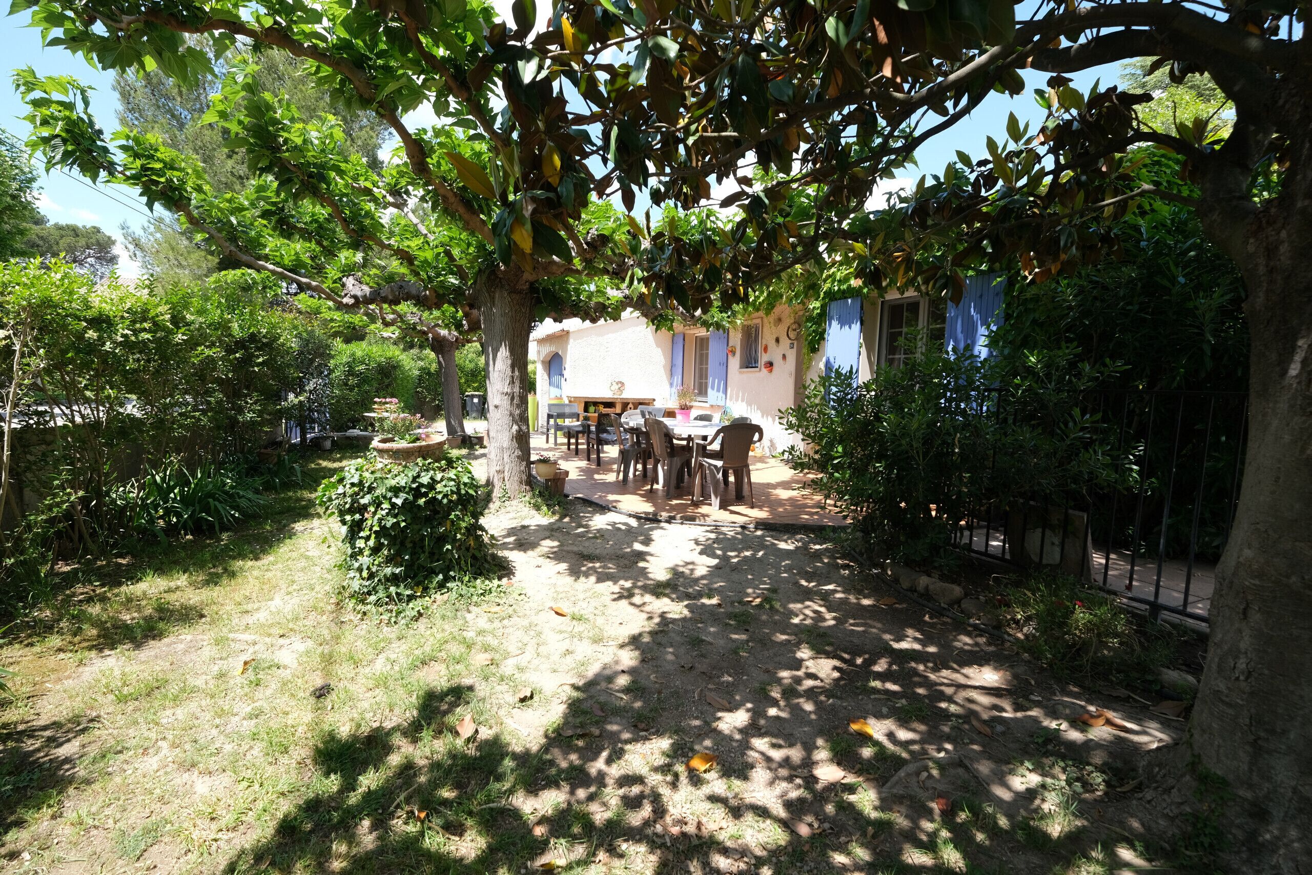 A garden area with a table and chairs under a tree, surrounded by greenery and a building with blue doors.