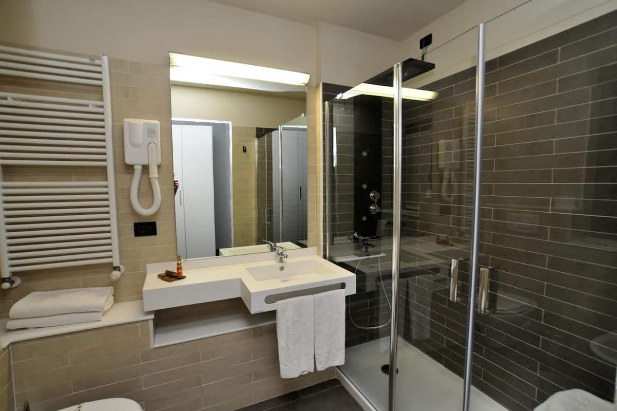 shower, hydromassage showerhead, free toiletries, hair dryer