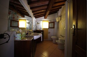 Een badkamer met een houten plafond, een wastafel, een toilet en een spiegel.