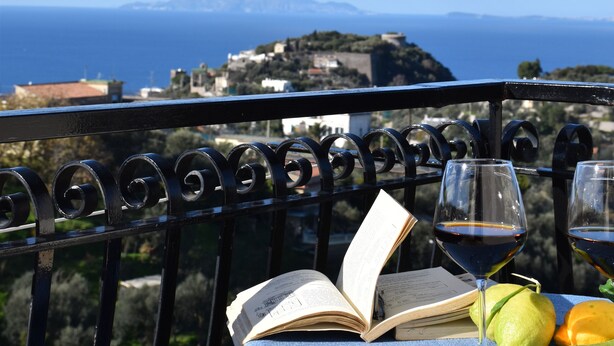 A balcony with a table set for two, featuring an open book, two glasses of red wine, and a lemon.