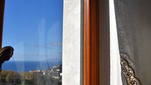A window with a view of a coastal landscape, including buildings and greenery.