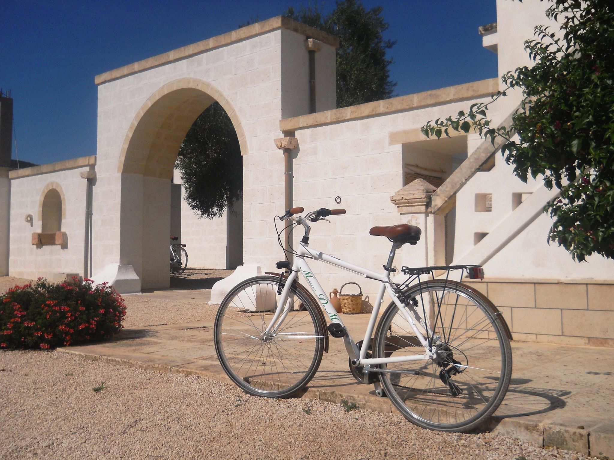 A bicycle parked in front of a building with an arched entrance and a staircase.