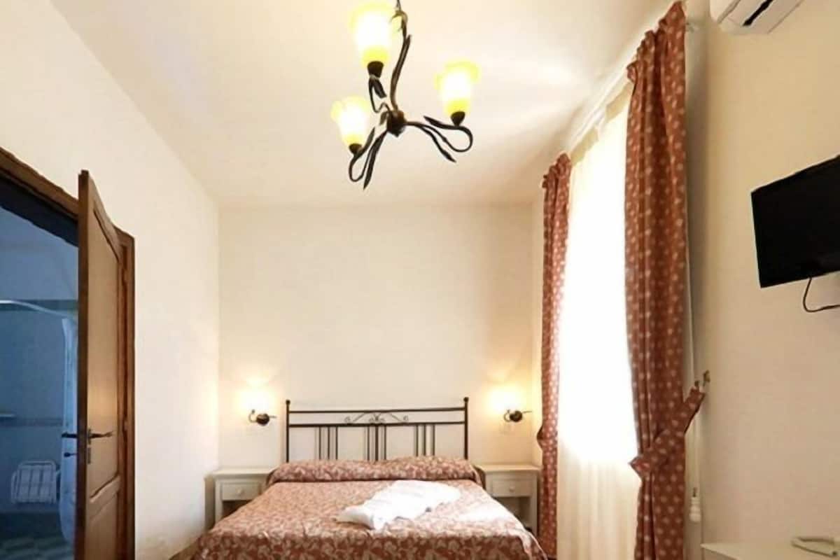 Une chambre à coucher avec un lit, un lustre, une télévision et des rideaux.