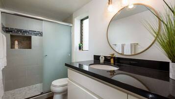 Shower, hair dryer, towels, shampoo