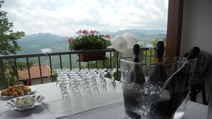 Ein Tisch ist mit Weingläsern und einer Weinflasche gedeckt, im Hintergrund ist eine schöne Berglandschaft zu sehen.