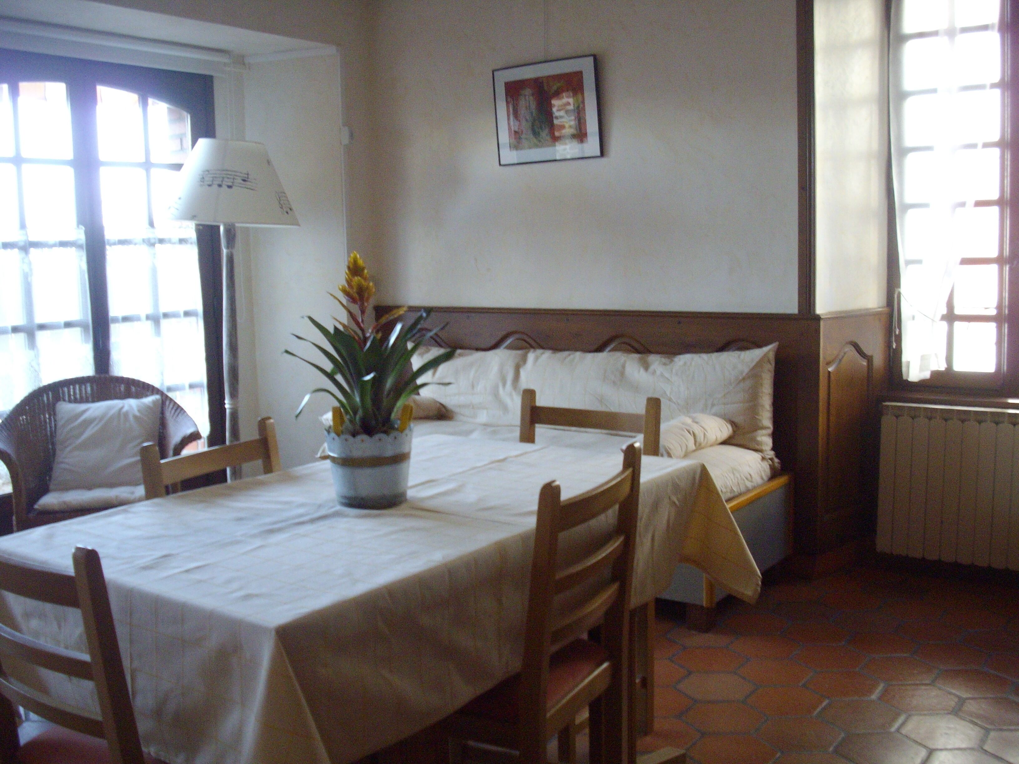 Une pièce comprenant un lit, une table, des chaises, une plante en pot, une lampe et un radiateur.