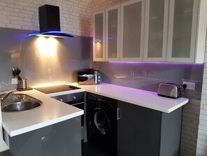 Fridge, microwave, oven, toaster