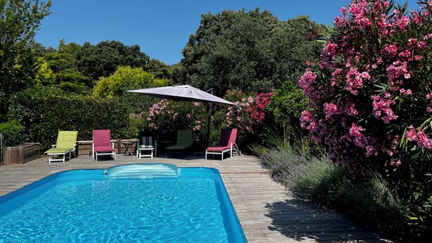 A swimming pool with lounge chairs and a wooden deck. - Villa with private pool, large enclosed garden, beaches 25mn away,10 pers (Castries)