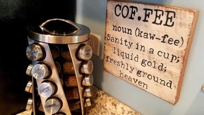 A coffee maker with multiple brewing options and a wooden sign with the word "COFFEE" and its definition. - Suncrest House near beautiful Trinity Alps Wilderness Area (Junction City)