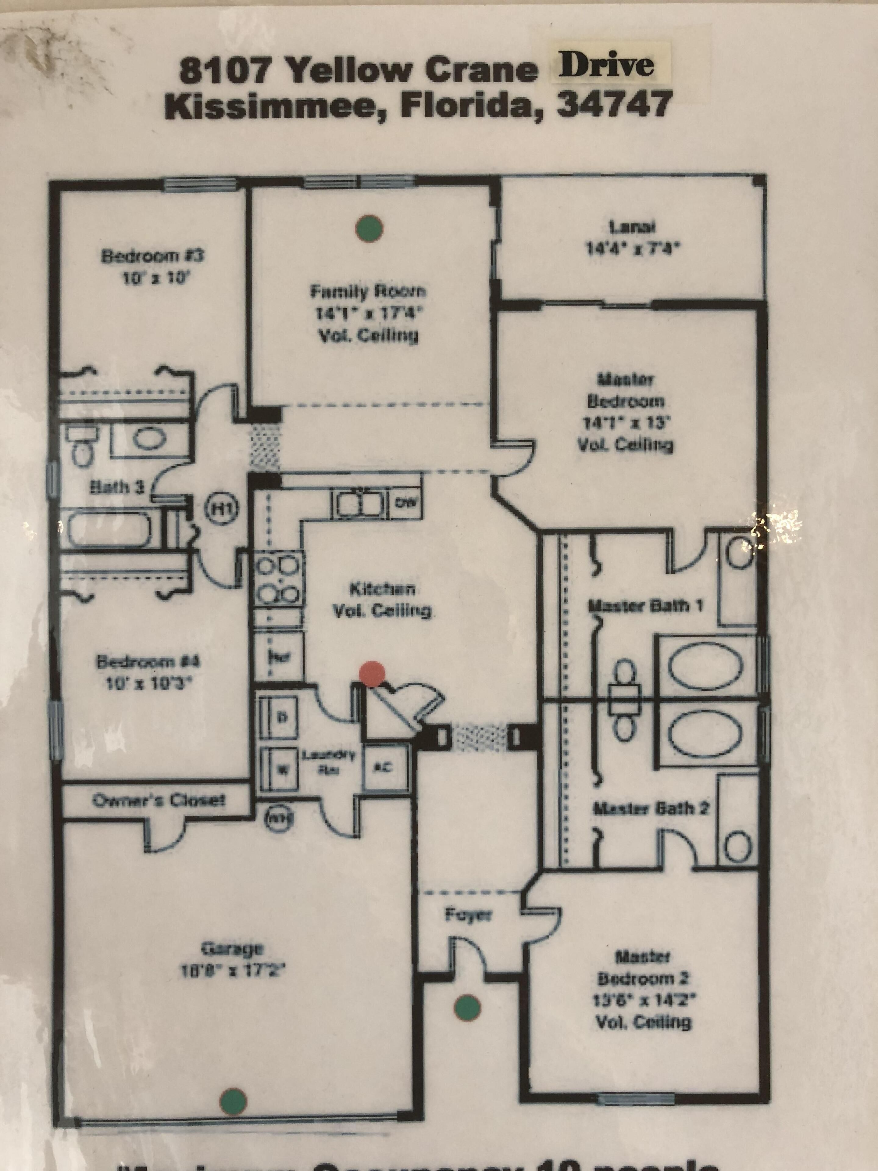 Grundriss eines Hauses mit 2 Schlafzimmern und 2 Bädern, inklusive Garage, mit der Bezeichnung 8107 Yellow Crane Drive, Kissimmee, Florida, 34747.