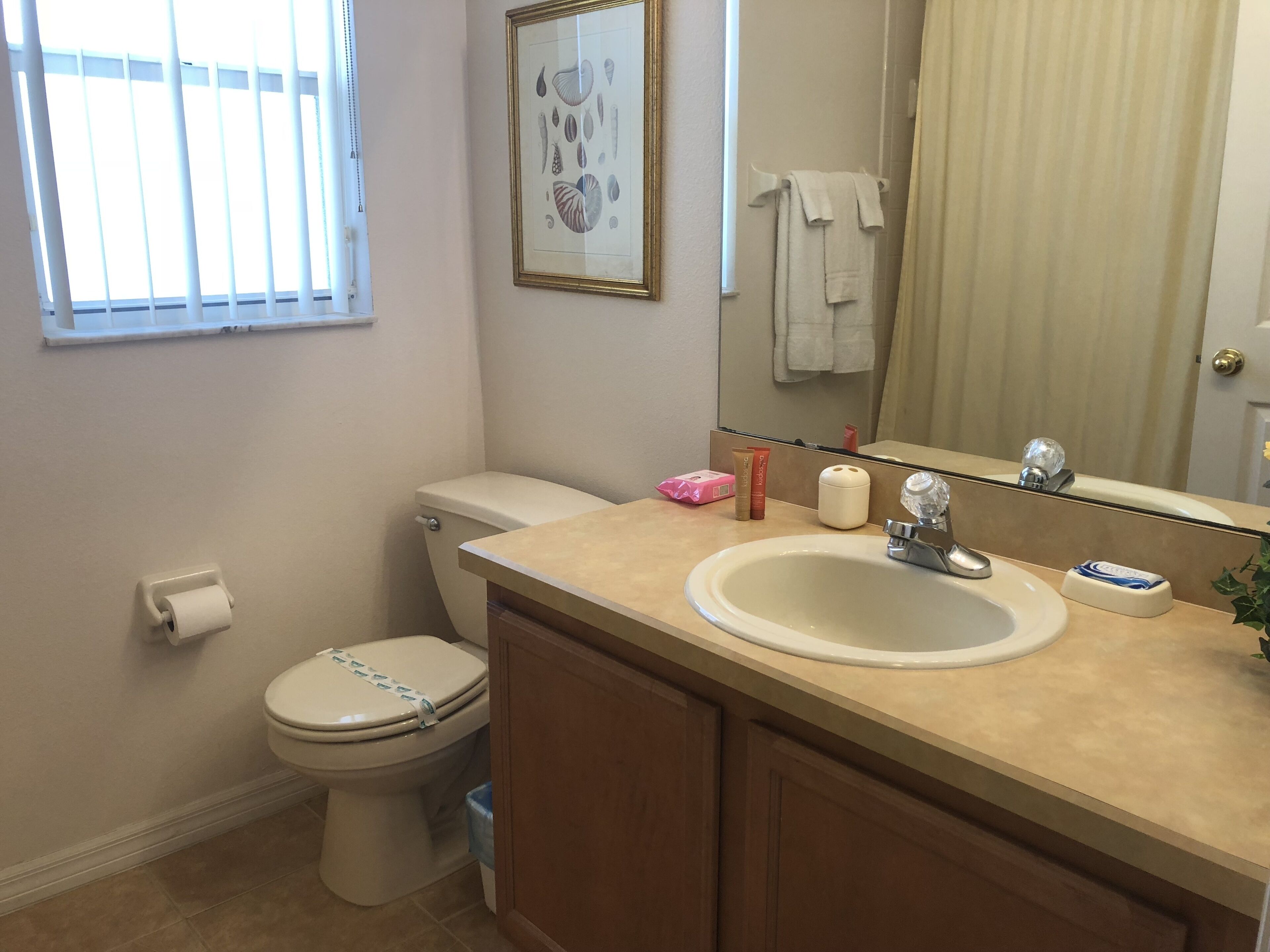 Une salle de bain avec des toilettes, un lavabo et un miroir.