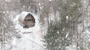 Una cabaña de madera rodeada de árboles en un paisaje nevado.