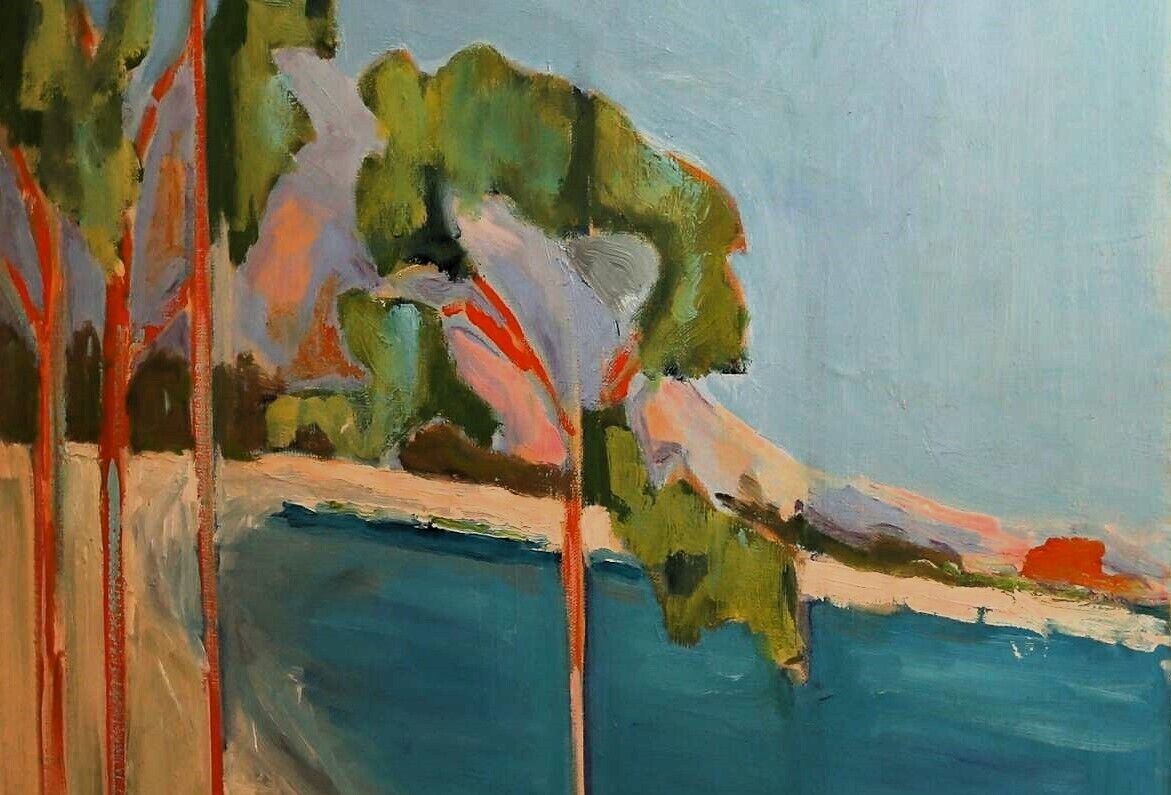 Un paysage côtier avec des arbres et une étendue d’eau.