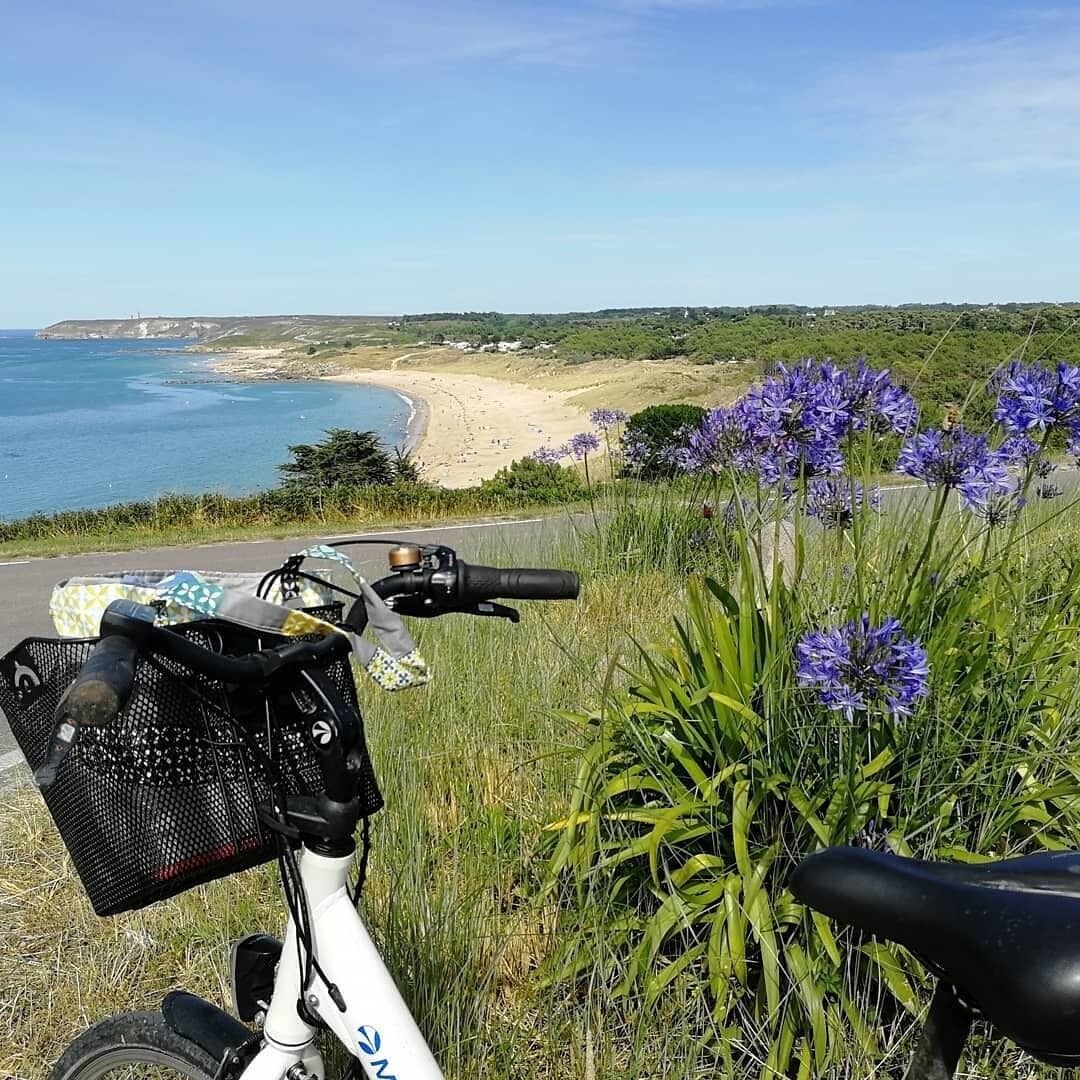 Un vélo blanc est garé au bord de la route, offrant une vue dégagée sur une plage et l’océan en arrière-plan.