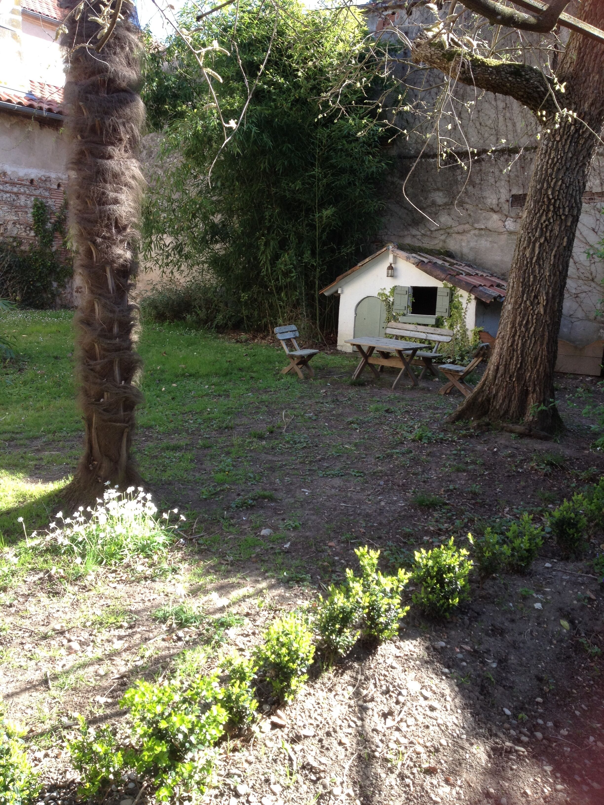 A rustic outdoor seating area with a wooden table and benches, surrounded by greenery and a small building with a sloped roof.