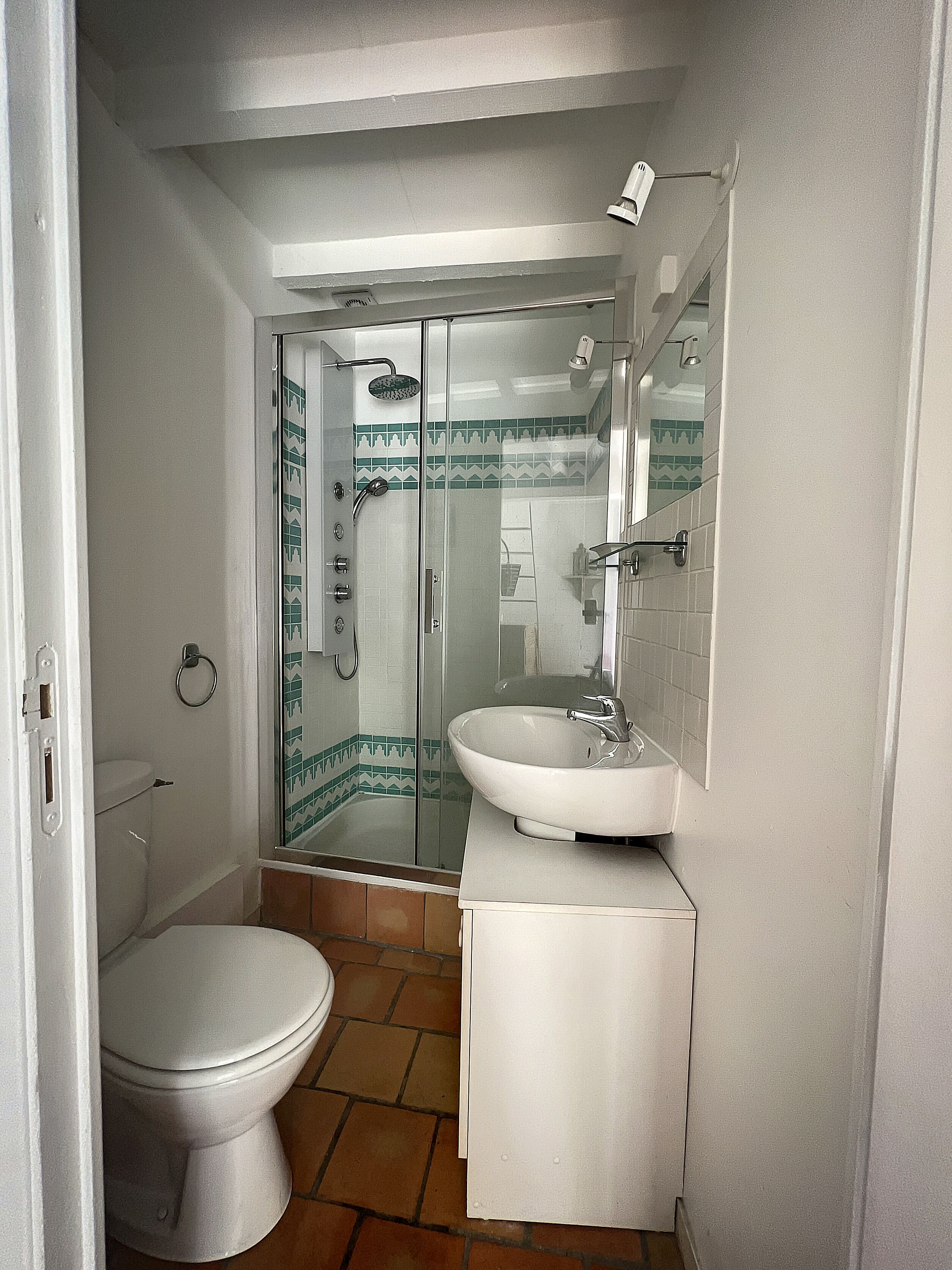 Une petite salle de bain comprenant des toilettes, un lavabo et un espace douche.