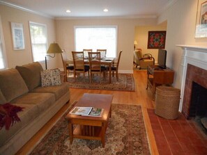TV, fireplace, books