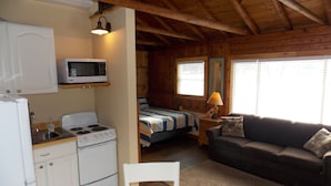 Une cabane confortable avec un coin cuisine, un lit et un salon.