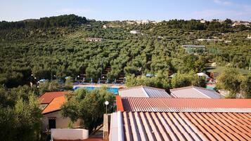 A view of a hillside with olive groves, a swimming pool, and buildings with red-tiled roofs.