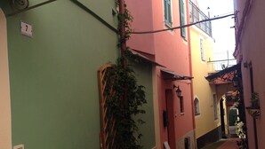 A narrow alleyway with buildings on either side, featuring a red brick path and potted plants.