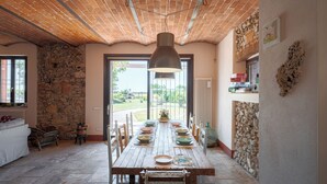A dining area with a brick ceiling, stone walls, and a view through a glass door. - Farmhouse with swimming pool 2 km away from the sea (Piombino (LI))