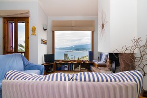 Smart TV, chimenea, libros y estéreo 