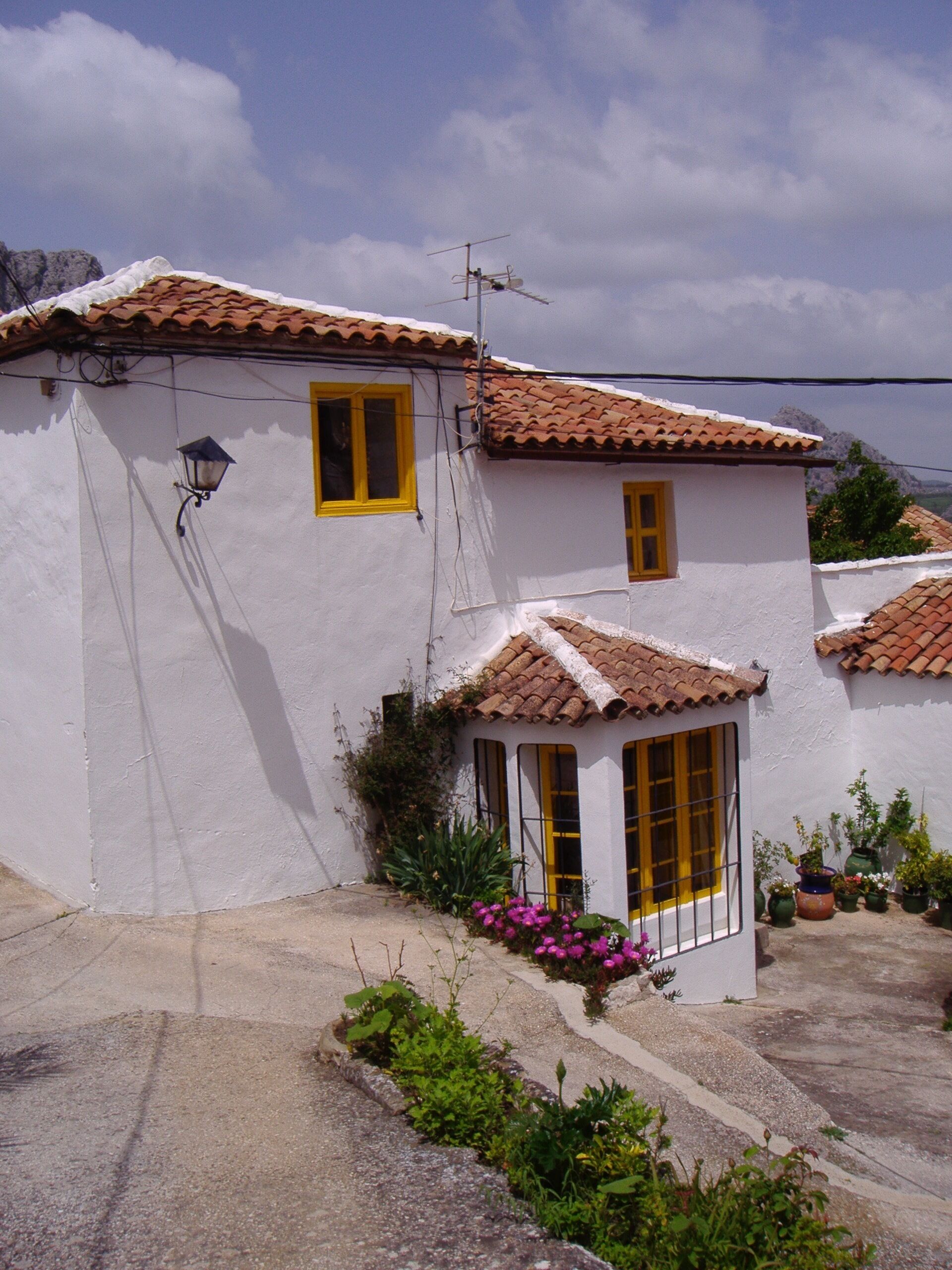 A white building with yellow windows and a tiled roof, surrounded by potted plants and flowers.