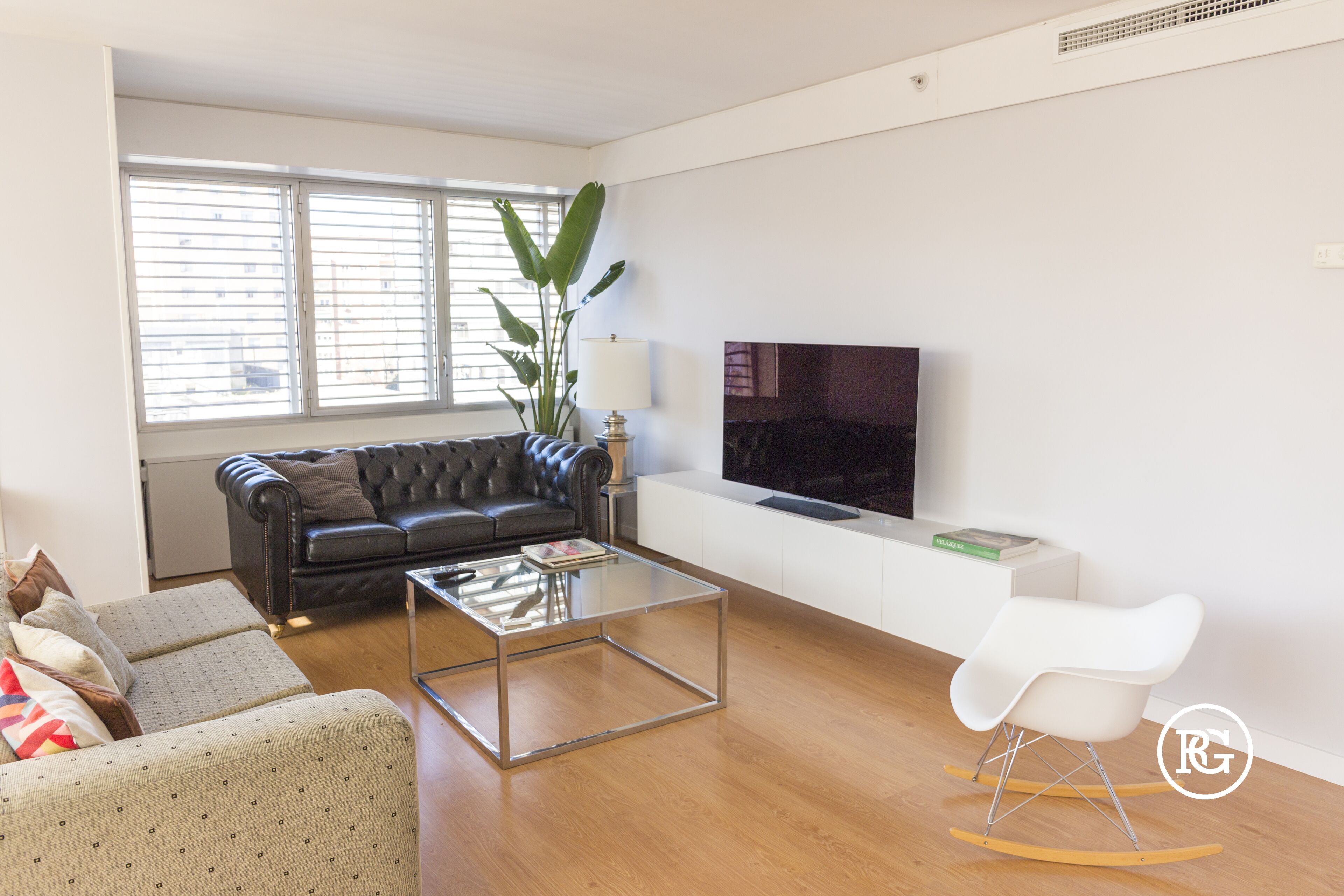 A modern living room with a leather sofa, a glass coffee table, a white rocking chair, a flat-screen TV, and a large plant.