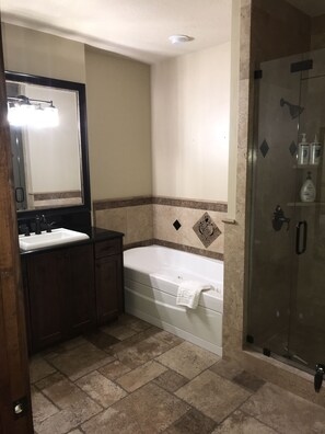 Combined shower/bathtub, jetted bath, hair dryer, towels