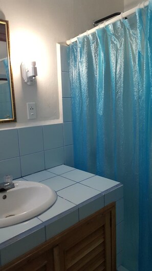 Bathroom features a sink, mirror, and shower with a blue curtain.