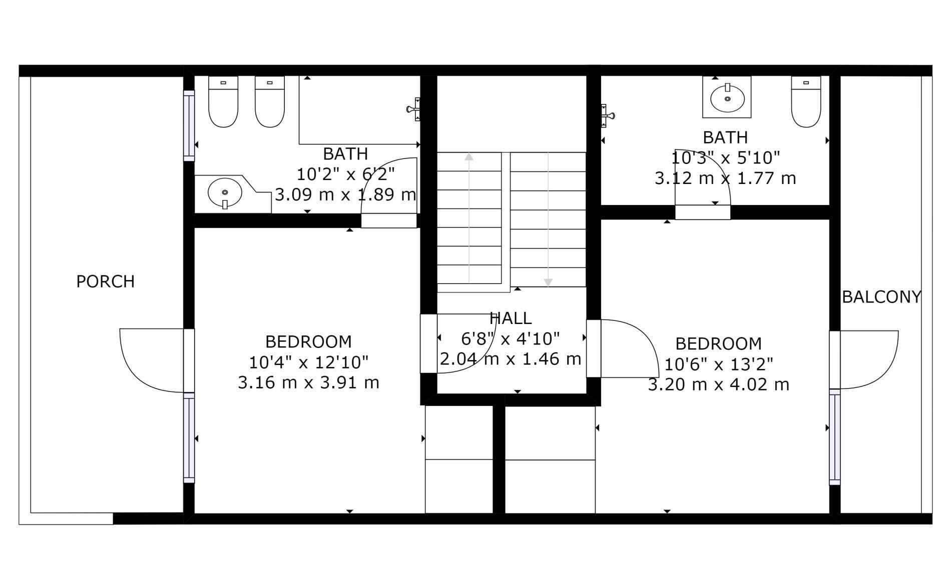 Ein Grundriss eines Hauses mit einer Veranda, zwei Schlafzimmern, einer Diele, zwei Bädern und einem Balkon.
