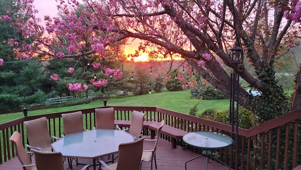A deck with a glass-top table and chairs, surrounded by a wooden railing.