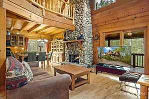 TV, fireplace, books - The Enchanted -Fire Pit, Private, Lovely Log Home! (Lake Lure)