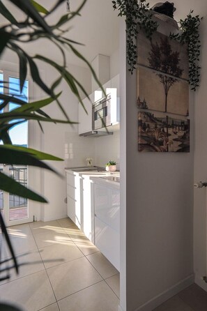 Fridge, microwave, stovetop, coffee/tea maker